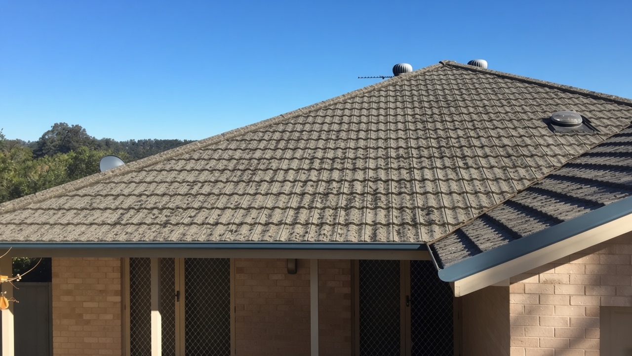 Before — oxidised concrete tile roof on a brick veneer house