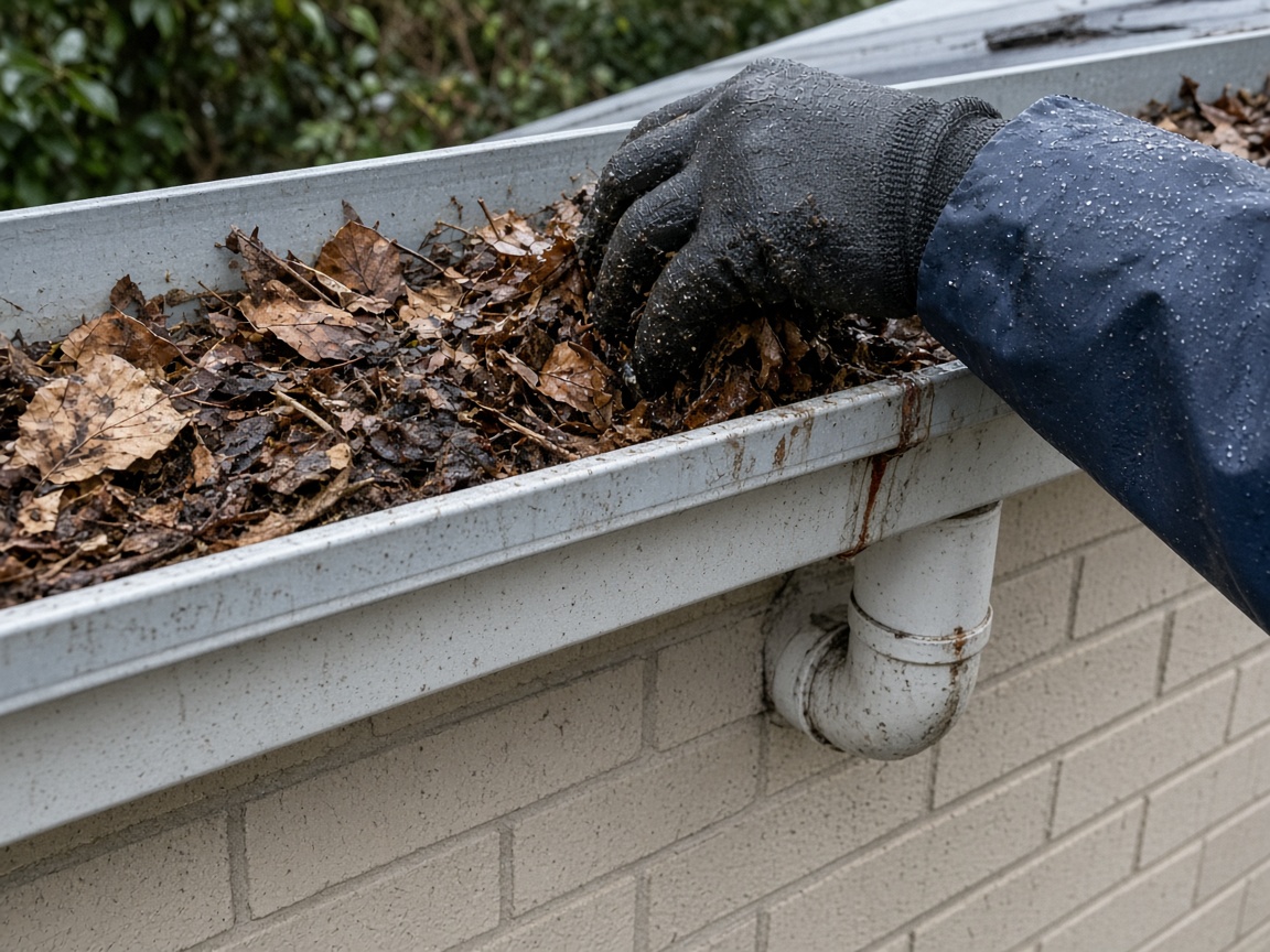 Clearing packed leaves from a Melbourne gutter