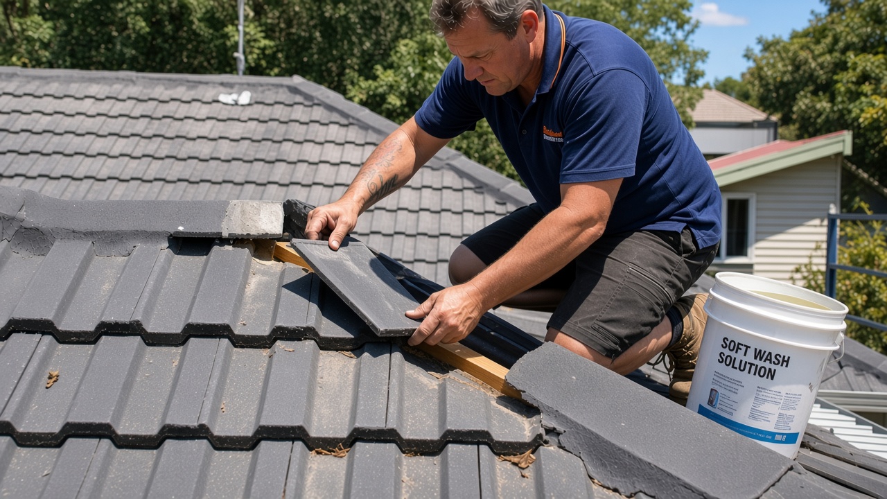 VicWide technician lifting a roof tile to inspect before a soft wash
