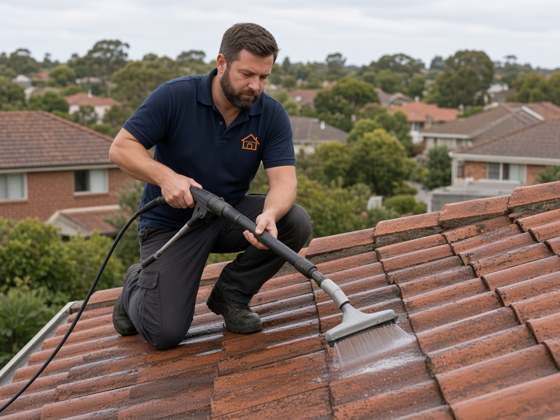 Technician soft-washing a terracotta roof